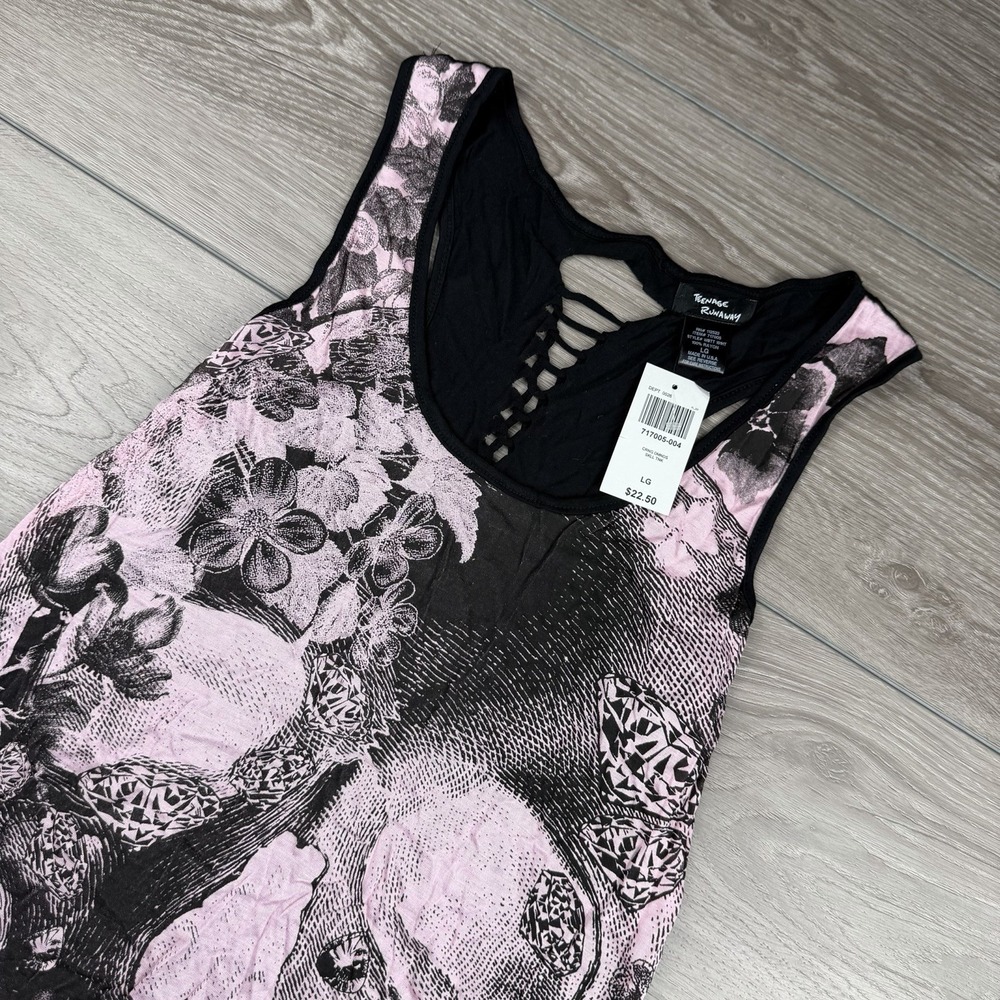 Teenage Runaway Womens Sleeveless Floral Skull Pattern Tank Pink Black Large New